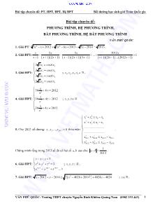 Bài tập Chuyên đề: Phương trình, hệ phương trình, bất phương trình, hệ bất phương trình